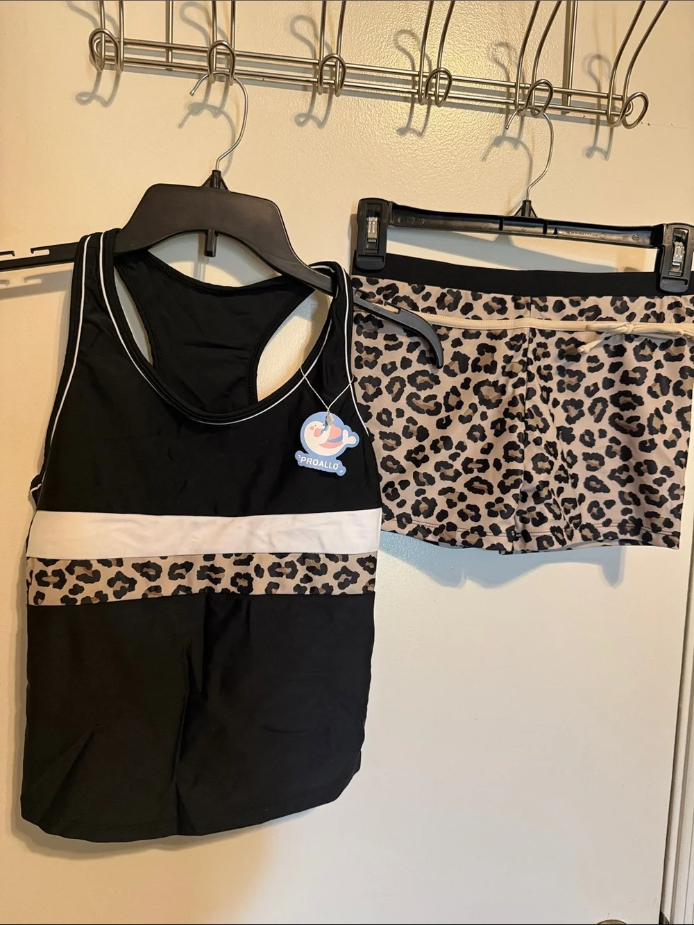 Girls' Black Tankini Swim Top with Leopard Trim and Matching Swim Shorts